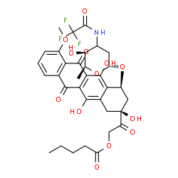 ChemSpider 2D Image | 2-Oxo-2-[(2S,4S)-2,5,12-trihydroxy-7-methoxy-6,11-dioxo-4-({(3xi)-2,3,6-trideoxy-3-[(trifluoroacetyl)amino]-alpha-L-threo-hexopyranosyl}oxy)-1,2,3,4,6,11-hexahydro-2-tetracenyl]ethyl valerate | C34H36F3NO13