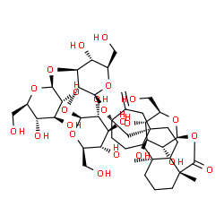 ChemSpider 2D Image | 1-O-[(5xi,8alpha,9xi,10alpha,13alpha)-13-{[beta-D-Glucopyranosyl-(1->2)-[beta-D-glucopyranosyl-(1->3)]-beta-D-glucopyranosyl]oxy}-18-oxokaur-16-en-18-yl]-beta-D-glucopyranose | C44H70O23
