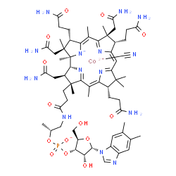 ChemSpider 2D Image | cyanocobalt(2+); [(2R,3S,4R,5S)-5-(5,6-dimethylbenzimidazol-1-yl)-4-hydroxy-2-(hydroxymethyl)tetrahydrofuran-3-yl] [(1R)-1-methyl-2-[3-[(1R,2R,3R,5Z,7S,10Z,12S,13S,15Z,17S,18S,19R)-2,13,18-tris(2-amino-2-oxo-ethyl)-7,12,17-tris(3-amino-3-oxo-propyl)-3,5,8,8,13,15,18,19-octamethyl-2,7,12,17-tetrahydro-1H-corrin-24-id-3-yl]propanoylamino]ethyl] phosphate | C63H88CoN14O14P
