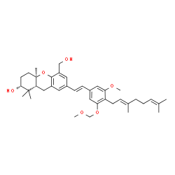 ChemSpider 2D Image | (2R,4aR,9aR)-7-[(E)-2-{4-[(2E)-3,7-Dimethyl-2,6-octadien-1-yl]-3-methoxy-5-(methoxymethoxy)phenyl}vinyl]-5-(hydroxymethyl)-1,1,4a-trimethyl-2,3,4,4a,9,9a-hexahydro-1H-xanthen-2-ol | C38H52O6