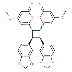ChemSpider 2D Image | 6,6'-[(1R,2S,3R,4S)-3,4-Bis(1,3-benzodioxol-5-yl)-1,2-cyclobutanediyl]bis(4-methoxy-2H-pyran-2-one) | C30H24O10