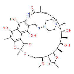 ChemSpider 2D Image | (7S,11S,12R,13S,14R,15R,16R,17S,18S)-2,15,17,27,29-Pentahydroxy-11-methoxy-3,7,12,14,16,18,22-heptamethyl-26-{[(4-methyl-1-piperazinyl)imino]methyl}-6,23-dioxo-8,30-dioxa-24-azatetracyclo[23.3.1.1~4,7
~.0~5,28~]triaconta-1(29),2,4,9,19,21,25,27-octaen-13-yl acetate | C43H58N4O12