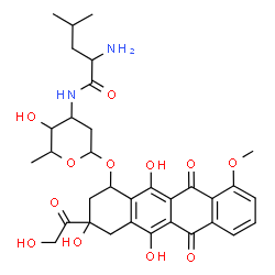ChemSpider 2D Image | 3-Glycoloyl-3,5,12-trihydroxy-10-methoxy-6,11-dioxo-1,2,3,4,6,11-hexahydro-1-tetracenyl 2,3,6-trideoxy-3-(leucylamino)hexopyranoside | C33H40N2O12