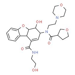 ChemSpider 2D Image | 4-Hydroxy-N-(2-hydroxyethyl)-3-{[2-(4-morpholinyl)ethyl](tetrahydro-3-furanylcarbonyl)amino}-3,4,4a,9b-tetrahydrodibenzo[b,d]furan-1-carboxamide | C26H35N3O7