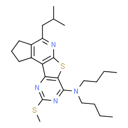 ChemSpider 2D Image | N,N-Dibutyl-4-isobutyl-9-(methylsulfanyl)-2,3-dihydro-1H-cyclopenta[4',5']pyrido[3',2':4,5]thieno[3,2-d]pyrimidin-7-amine | C25H36N4S2