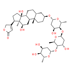 ChemSpider 2D Image | (3beta,5beta,12beta,13alpha)-3-{[2,6-Dideoxy-beta-D-ribo-hexopyranosyl-(1->4)-2,6-dideoxy-beta-D-ribo-hexopyranosyl-(1->4)-2,6-dideoxy-beta-D-ribo-hexopyranosyl]oxy}-12,14-dihydroxycard-20(22)-enolide | C41H64O14