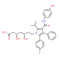 ChemSpider 2D Image | (3S,5S)-7-{2-(4-Fluorophenyl)-4-[(4-hydroxyphenyl)carbamoyl]-5-isopropyl-3-phenyl-1H-pyrrol-1-yl}-3,5-dihydroxyheptanoic acid | C33H35FN2O6