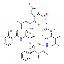 ChemSpider 2D Image | 3-Hydroxy-N-[(6S,9S,12S,15R,16S,19R,23R,24aR)-23-hydroxy-19-isobutyl-2,5,9,11,15-pentamethyl-6-(3-methyl-2-butanyl)-1,4,7,10,13,17,20-heptaoxo-12-phenyldocosahydro-1H-pyrrolo[2,1-o][1,4,7,10,13,16,19]
oxahexaazacyclodocosin-16-yl]-2-pyridinecarboxamide | C44H62N8O11