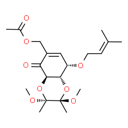 ChemSpider 2D Image | {(2R,3R,4aR,8S,8aS)-2,3-Dimethoxy-2,3-dimethyl-8-[(3-methyl-2-buten-1-yl)oxy]-5-oxo-2,3,4a,5,8,8a-hexahydro-1,4-benzodioxin-6-yl}methyl acetate | C20H30O8