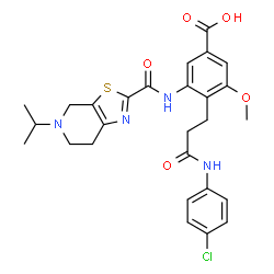 ChemSpider 2D Image | 4-{3-[(4-Chlorophenyl)amino]-3-oxopropyl}-3-{[(5-isopropyl-4,5,6,7-tetrahydro[1,3]thiazolo[5,4-c]pyridin-2-yl)carbonyl]amino}-5-methoxybenzoic acid | C27H29ClN4O5S