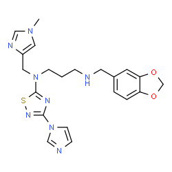 ChemSpider 2D Image | N'-(1,3-Benzodioxol-5-ylmethyl)-N-[3-(1H-imidazol-1-yl)-1,2,4-thiadiazol-5-yl]-N-[(1-methyl-1H-imidazol-4-yl)methyl]-1,3-propanediamine | C21H24N8O2S