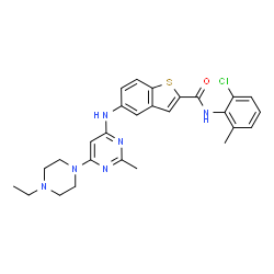 ChemSpider 2D Image | N-(2-Chloro-6-methylphenyl)-5-{[6-(4-ethyl-1-piperazinyl)-2-methyl-4-pyrimidinyl]amino}-1-benzothiophene-2-carboxamide | C27H29ClN6OS