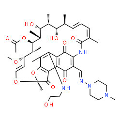 ChemSpider 2D Image | (7S,9E,11S,12R,13S,14R,15R,16R,17S,18S,19E,21Z)-15,17-Dihydroxy-2-[(2-hydroxyethyl)amino]-11-methoxy-3,7,12,14,16,18,22-heptamethyl-26-{(E)-[(4-methyl-1-piperazinyl)imino]methyl}-6,23,27,29-tetraoxo-8
,30-dioxa-24-azatetracyclo[23.3.1.1~4,7~.0~5,28~]triaconta-1(28),2,4,9,19,21,25-heptaen-13-yl acetate | C45H61N5O12