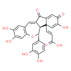 ChemSpider 2D Image | (2E)-3-[(6R,6aR)-6-(3,4-Dihydroxyphenyl)-2,3,8-trihydroxy-9,11-dioxo-6,6a,9,11-tetrahydro-6bH-benzo[b]indeno[2,1-e]oxepin-6b-yl]acrylic acid | C26H18O10