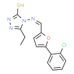 ChemSpider 2D Image | 4-[(Z)-{[5-(2-Chlorophenyl)-2-furyl]methylene}amino]-5-ethyl-2,4-dihydro-3H-1,2,4-triazole-3-thione | C15H13ClN4OS