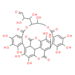 ChemSpider 2D Image | 2,3-Dihydroxy-3-[3,4,5,11,17,18,19,22,23,34,35-undecahydroxy-8,14,26,31-tetraoxo-9,13,25,32-tetraoxaheptacyclo[25.8.0.0~2,7~.0~15,20~.0~21,30~.0~24,29~.0~28,33~]pentatriaconta-1(35),2,4,6,15,17,19,21,
23,29,33-undecaen-10-yl]propanal | C34H24O22