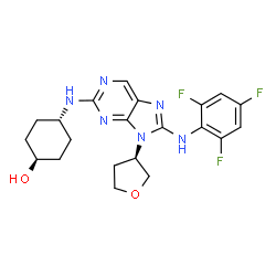 ChemSpider 2D Image | trans-4-({9-[(3R)-Tetrahydro-3-furanyl]-8-[(2,4,6-trifluorophenyl)amino]-9H-purin-2-yl}amino)cyclohexanol | C21H23F3N6O2