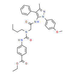 ChemSpider 2D Image | Ethyl 4-{[butyl(2-{[1-(4-methoxyphenyl)-3-methyl-4-phenyl-1H-pyrazol-5-yl]amino}-2-oxoethyl)carbamoyl]amino}benzoate | C33H37N5O5