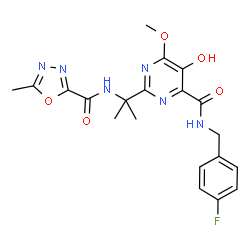 ChemSpider 2D Image | N-(4-Fluorobenzyl)-5-hydroxy-6-methoxy-2-(2-{[(5-methyl-1,3,4-oxadiazol-2-yl)carbonyl]amino}-2-propanyl)-4-pyrimidinecarboxamide | C20H21FN6O5