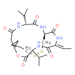 ChemSpider 2D Image | (1S,7Z,10S,21R)-7-Ethylidene-4,21-diisopropyl-2-oxa-12,13-dithia-5,8,20,23-tetraazabicyclo[8.7.6]tricos-16-ene-3,6,9,19,22-pentone | C24H36N4O6S2