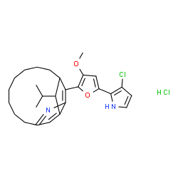 ChemSpider 2D Image | 15-[5-(3-Chloro-1H-pyrrol-2-yl)-3-methoxy-2-furyl]-13-isopropyl-2-azatricyclo[10.2.1.1~3,14~]hexadeca-1(15),2,14(16)-triene hydrochloride (1:1) | C27H34Cl2N2O2