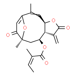 ChemSpider 2D Image | (4R,8R,9S,11S)-2,11-Dimethyl-7-methylene-6,12-dioxo-5,14-dioxatricyclo[9.2.1.0~4,8~]tetradeca-1(13),2-dien-9-yl (2Z)-2-methyl-2-butenoate | C20H22O6