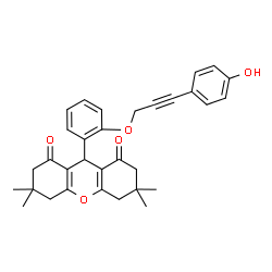 ChemSpider 2D Image | 9-(2-{[3-(4-Hydroxyphenyl)-2-propyn-1-yl]oxy}phenyl)-3,3,6,6-tetramethyl-3,4,5,6,7,9-hexahydro-1H-xanthene-1,8(2H)-dione | C32H32O5