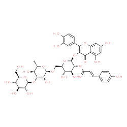 ChemSpider 2D Image | 2-(3,4-Dihydroxyphenyl)-5,7-dihydroxy-4-oxo-4H-chromen-3-yl beta-D-glucopyranosyl-(1->3)-6-deoxy-alpha-L-mannopyranosyl-(1->6)-2-O-[(2E)-3-(4-hydroxyphenyl)-2-propenoyl]-beta-D-glucopyranoside | C42H46O23