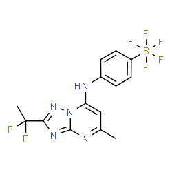 ChemSpider 2D Image | 2-(1,1-Difluoroethyl)-5-methyl-N-[4-(pentafluoro-lambda~6~-sulfanyl)phenyl][1,2,4]triazolo[1,5-a]pyrimidin-7-amine | C14H12F7N5S