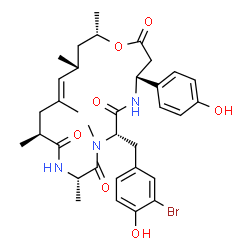 ChemSpider 2D Image | (4R,7S,10S,13S,15E,17R,19S)-7-(3-Bromo-4-hydroxybenzyl)-4-(4-hydroxyphenyl)-8,10,13,15,17,19-hexamethyl-1-oxa-5,8,11-triazacyclononadec-15-ene-2,6,9,12-tetrone | C34H44BrN3O7