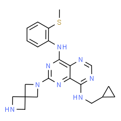 ChemSpider 2D Image | N~8~-(Cyclopropylmethyl)-2-(2,6-diazaspiro[3.3]hept-2-yl)-N~4~-[2-(methylsulfanyl)phenyl]pyrimido[5,4-d]pyrimidine-4,8-diamine | C22H26N8S