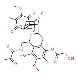 ChemSpider 2D Image | (1R,2S,10R,12R,13S)-12-Cyano-8-hydroxy-7,18-dimethoxy-6,17,21-trimethyl-16,19-dioxo-10-[(pyruvoylamino)methyl]-11,21-diazapentacyclo[11.7.1.0~2,11~.0~4,9~.0~15,20~]henicosa-4,6,8,15(20),17-pentaen-5-y
l glycolate | C31H34N4O10