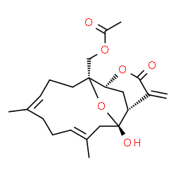 ChemSpider 2D Image | [(1S,3E,11R,12S,16R)-1-Hydroxy-3,7-dimethyl-15-methylene-14-oxo-13,17-dioxatricyclo[9.5.1.1~12,16~]octadeca-3,7-dien-11-yl]methyl acetate | C22H30O6