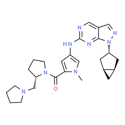 ChemSpider 2D Image | [4-({1-[(1R,3s,5S)-Bicyclo[3.1.0]hex-3-yl]-1H-pyrazolo[3,4-d]pyrimidin-6-yl}amino)-1-methyl-1H-pyrrol-2-yl][(2S)-2-(1-pyrrolidinylmethyl)-1-pyrrolidinyl]methanone | C26H34N8O