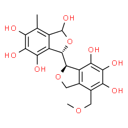 ChemSpider 2D Image | (1S,1'R)-4'-(Methoxymethyl)-4-methyl-1,1',3,3'-tetrahydro-1,1'-bi-2-benzofuran-3,5,5',6,6',7,7'-heptol | C19H20O10