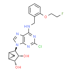 ChemSpider 2D Image | (1R,2R,3S,4R,5S)-4-(2-Chloro-6-{[2-(2-fluoroethoxy)benzyl]amino}-9H-purin-9-yl)bicyclo[3.1.0]hexane-2,3-diol | C20H21ClFN5O3