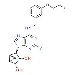 ChemSpider 2D Image | (1R,2R,3S,4R,5S)-4-(2-Chloro-6-{[3-(2-fluoroethoxy)benzyl]amino}-9H-purin-9-yl)bicyclo[3.1.0]hexane-2,3-diol | C20H21ClFN5O3