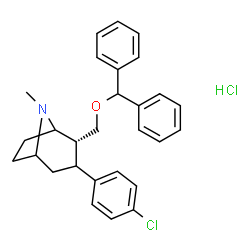 ChemSpider 2D Image | (2R)-3-(4-Chlorophenyl)-2-[(diphenylmethoxy)methyl]-8-methyl-8-azabicyclo[3.2.1]octane hydrochloride (1:1) | C28H31Cl2NO