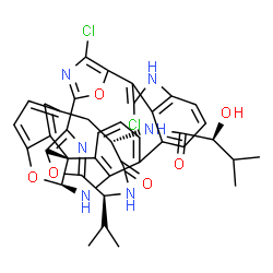 ChemSpider 2D Image | (2S)-N-[(10S,13S,20S,21S)-3,35-Dichloro-10-isopropyl-12-oxo-8,37,40-trioxa-4,11,22,34,39-pentaazadecacyclo[27.6.1.1~2,5~.1~6,9~.1~15,19~.1~18,21~.0~7,20~.0~20,24~.0~23,28~.0~33,36~]tetraconta-1(35),2,
4,6,9(39),15(38),16,18,23,25,27,29(36),30,32-tetradecaen-13-yl]-2-hydroxy-3-methylbutanamide | C40H34Cl2N6O6