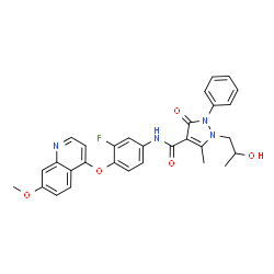 ChemSpider 2D Image | N-{3-Fluoro-4-[(7-methoxy-4-quinolinyl)oxy]phenyl}-1-(2-hydroxypropyl)-5-methyl-3-oxo-2-phenyl-2,3-dihydro-1H-pyrazole-4-carboxamide | C30H27FN4O5