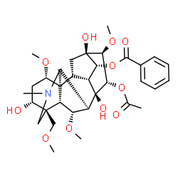 ChemSpider 2D Image | (1alpha,3alpha,6alpha,14alpha,15alpha,16beta)-15-Acetoxy-3,8,13-trihydroxy-1,6,16-trimethoxy-4-(methoxymethyl)-20-methylaconitan-14-yl benzoate | C33H45NO11