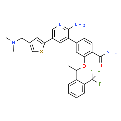 ChemSpider 2D Image | 4-(2-Amino-5-{4-[(dimethylamino)methyl]-2-thienyl}-3-pyridinyl)-2-{1-[2-(trifluoromethyl)phenyl]ethoxy}benzamide | C28H27F3N4O2S