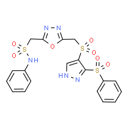 ChemSpider 2D Image | N-Phenyl-1-[5-({[3-(phenylsulfonyl)-1H-pyrazol-4-yl]sulfonyl}methyl)-1,3,4-oxadiazol-2-yl]methanesulfonamide | C19H17N5O7S3