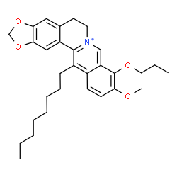 ChemSpider 2D Image | 10-Methoxy-13-octyl-9-propoxy-5,6-dihydro[1,3]dioxolo[4,5-g]isoquinolino[3,2-a]isoquinolin-7-ium | C30H38NO4