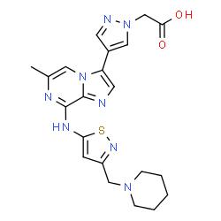 ChemSpider 2D Image | [4-(6-Methyl-8-{[3-(1-piperidinylmethyl)-1,2-thiazol-5-yl]amino}imidazo[1,2-a]pyrazin-3-yl)-1H-pyrazol-1-yl]acetic acid | C21H24N8O2S