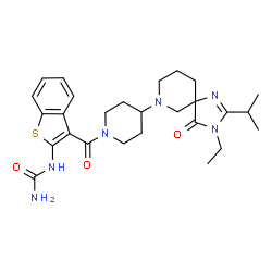 ChemSpider 2D Image | 1-(3-{[4-(3-Ethyl-2-isopropyl-4-oxo-1,3,7-triazaspiro[4.5]dec-1-en-7-yl)-1-piperidinyl]carbonyl}-1-benzothiophen-2-yl)urea | C27H36N6O3S