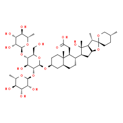 ChemSpider 2D Image | {(1S,2R,4aS,6S,8aS)-6-{[6-Deoxy-alpha-L-mannopyranosyl-(1->2)-[6-deoxy-alpha-L-mannopyranosyl-(1->4)]-beta-D-glucopyranosyl]oxy}-2-[(2R,3S,3aS,4S,5S,5'R,6aS)-4-hydroxy-3,4,5'-trimethyldecahydrospiro[c
yclopenta[b]furan-2,2'-pyran]-5-yl]-8a-methyldecahydro-1-naphthalenyl}acetic acid | C45H74O19