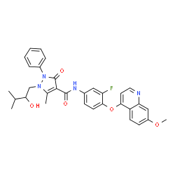 ChemSpider 2D Image | N-{3-Fluoro-4-[(7-methoxy-4-quinolinyl)oxy]phenyl}-1-(2-hydroxy-3-methylbutyl)-5-methyl-3-oxo-2-phenyl-2,3-dihydro-1H-pyrazole-4-carboxamide | C32H31FN4O5