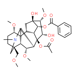 ChemSpider 2D Image | (1alpha,6alpha,14alpha,15alpha,16alpha)-8-Acetoxy-13,15-dihydroxy-1,6,16-trimethoxy-4-(methoxymethyl)-20-methylaconitan-14-yl benzoate | C33H45NO10