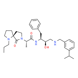 ChemSpider 2D Image | (2S)-N-{(2S,3R)-3-Hydroxy-4-[(3-isopropylbenzyl)amino]-1-phenyl-2-butanyl}-2-[(5S)-6-oxo-1-propyl-1,7-diazaspiro[4.4]non-7-yl]propanamide | C33H48N4O3